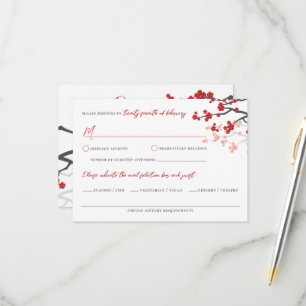 Red Sakura Flowers Cherry Blossoms Asian Wedding RSVP Card