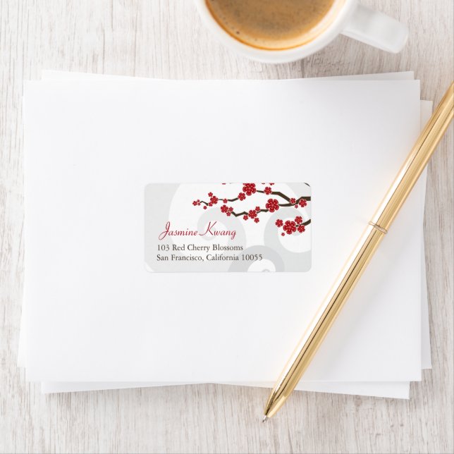 Red Sakura Flowers Cherry Blossoms Swirls Wedding Label (Insitu)