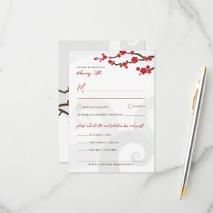Red Sakura Flowers Cherry Blossoms Swirls Wedding RSVP Card