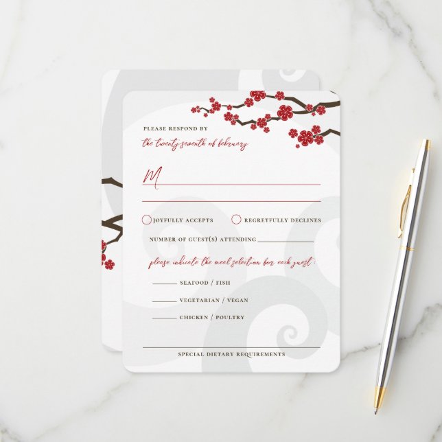 Red Sakura Flowers Cherry Blossoms Swirls Wedding RSVP Card (Front/Back In Situ)