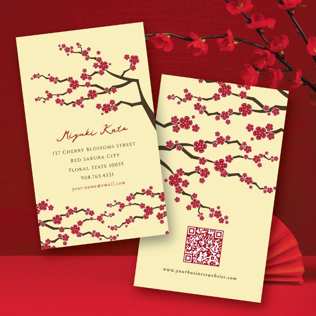 Red Sakura Flowers Oriental Chic Cherry Blossoms Business Card (Red Sakura Spring Flowers Oriental Chic Asian Cherry Blossoms Business Card @ fatfatin)