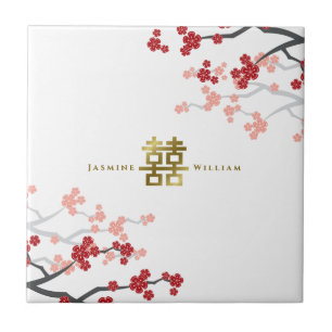 Red Sakura Gold Double Happiness Chinese Wedding Ceramic Tile