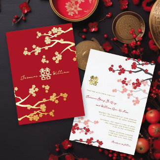 Red Sakura Golden Double Happiness Chinese Wedding