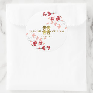 Red Sakura Golden Double Happiness Chinese Wedding Classic Round Sticker