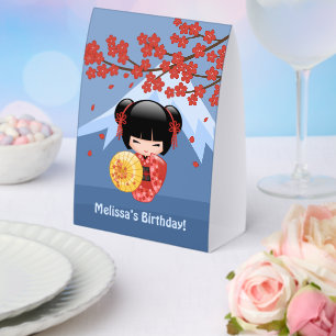 Red Sakura Kokeshi Cute Geisha Girl Blue