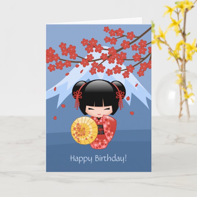 Red Sakura Kokeshi Doll, Cute Geisha Birthday Card (Yellow Flower)
