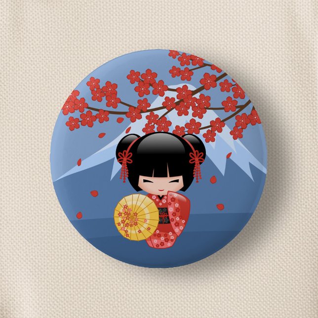 Red Sakura Kokeshi Doll - Cute Geisha Girl 6 Cm Round Badge (Creator Uploaded)