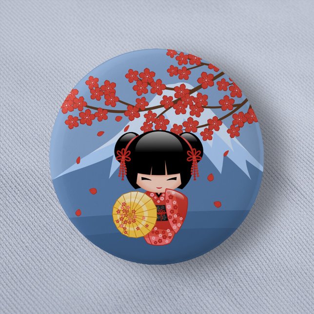 Red Sakura Kokeshi Doll - Cute Geisha Girl 6 Cm Round Badge (Creator Uploaded)