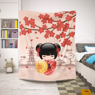 Red Sakura Kokeshi Doll Cute Geisha Girl Beige Sherpa Blanket
