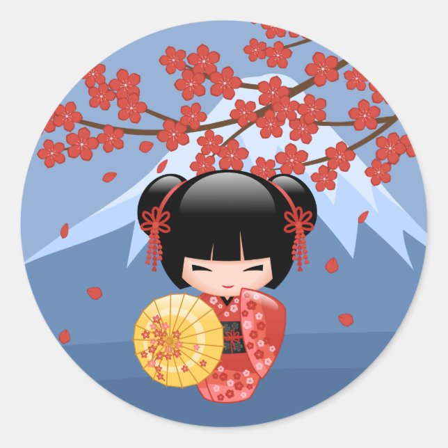 Red Sakura Kokeshi Doll Cute Geisha Girl Blue Classic Round Sticker (Front)