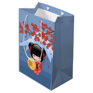 Red Sakura Kokeshi Doll - Cute Geisha Girl Blue Medium Gift Bag