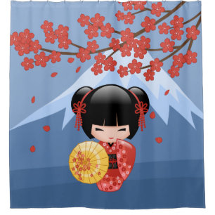 Red Sakura Kokeshi Doll Cute Geisha Girl Blue Shower Curtain