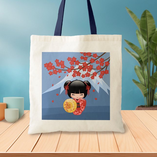 Red Sakura Kokeshi Doll - Cute Geisha Girl Blue Tote Bag (Creator Uploaded)