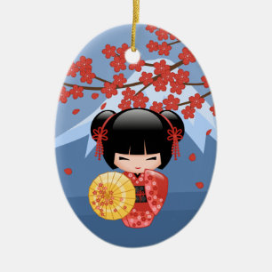 Red Sakura Kokeshi Doll - Cute Geisha Girl Ceramic Ornament