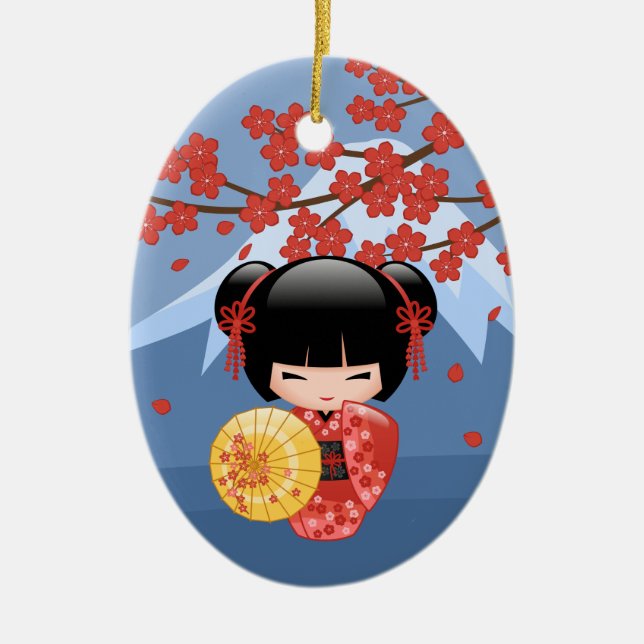 Red Sakura Kokeshi Doll - Cute Geisha Girl Ceramic Ornament (Front)
