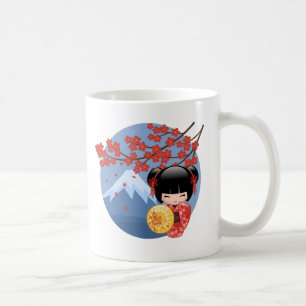 Red Sakura Kokeshi Doll - Cute Geisha Girl Coffee Mug