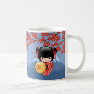 Red Sakura Kokeshi Doll - Cute Geisha Girl Coffee Mug