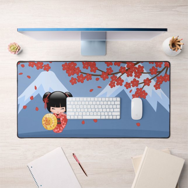 Red Sakura Kokeshi Doll - Cute Geisha Girl Desk Mat (Office 1)