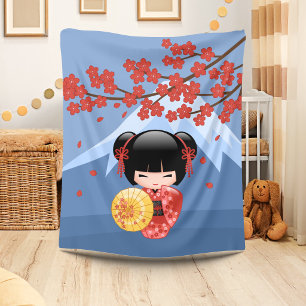 Red Sakura Kokeshi Doll - Cute Geisha Girl Fleece Blanket