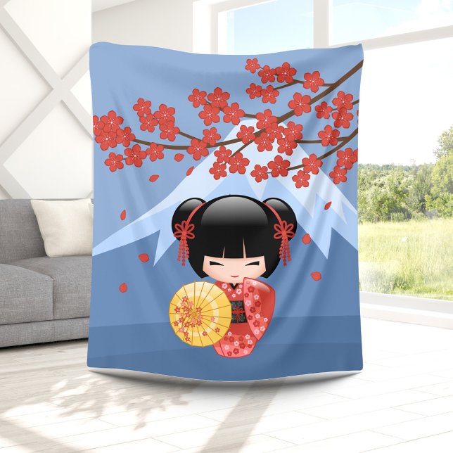 Red Sakura Kokeshi Doll - Cute Geisha Girl Fleece Blanket (Creator Uploaded)