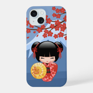 Red Sakura Kokeshi Doll - Cute Geisha Girl iPhone 15 Case
