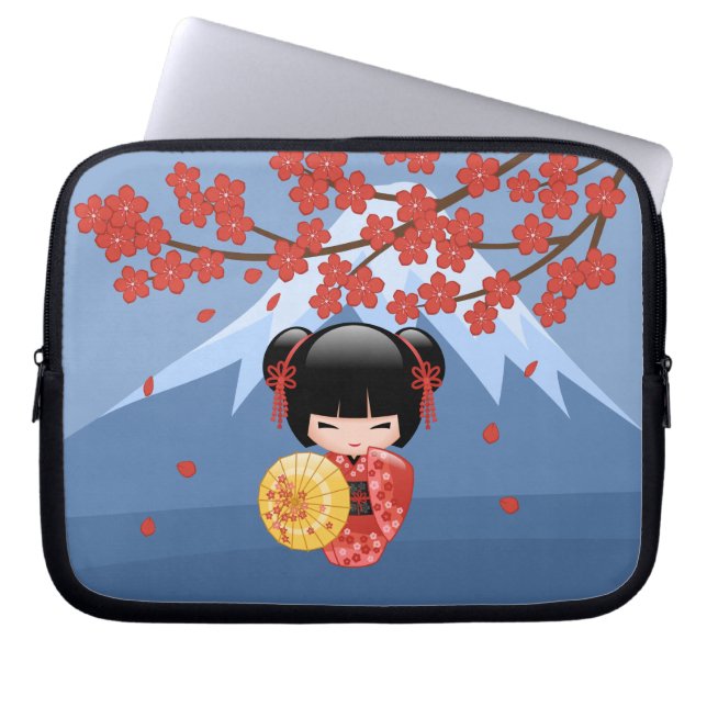 Red Sakura Kokeshi Doll - Cute Geisha Girl Laptop Sleeve (Front)