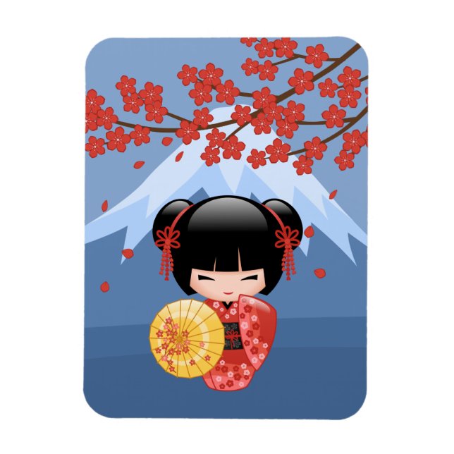 Red Sakura Kokeshi Doll - Cute Geisha Girl Magnet (Vertical)