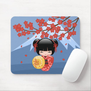 Red Sakura Kokeshi Doll - Cute Geisha Girl Mouse Pad