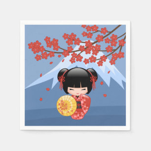 Red Sakura Kokeshi Doll - Cute Geisha Girl Napkin