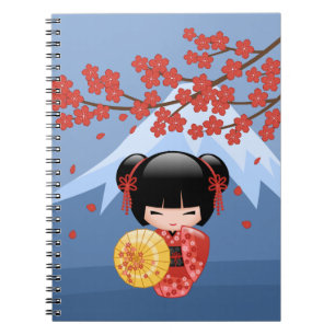 Red Sakura Kokeshi Doll - Cute Geisha Girl Notebook