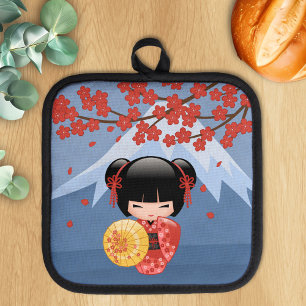 Red Sakura Kokeshi Doll - Cute Geisha Girl Pot Holder