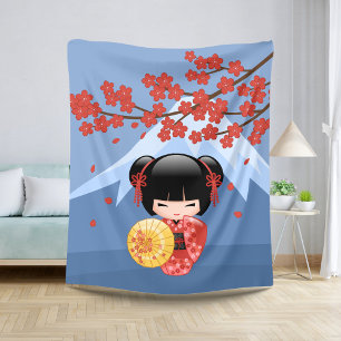 Red Sakura Kokeshi Doll - Cute Geisha Girl Sherpa Blanket
