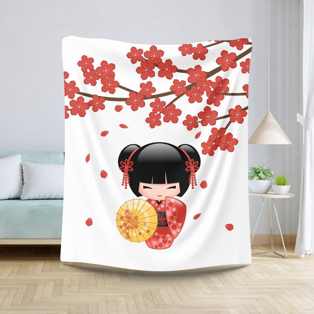 Red Sakura Kokeshi Doll - Cute Geisha Girl Sherpa Blanket (Creator Uploaded)