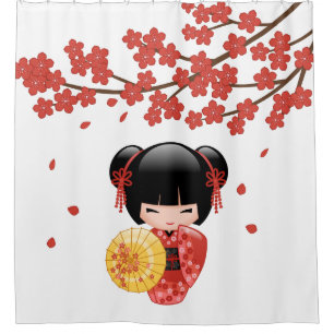 Red Sakura Kokeshi Doll Cute Geisha Girl Shower Curtain