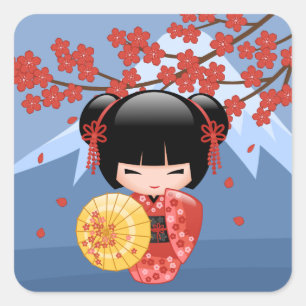 Red Sakura Kokeshi Doll - Cute Geisha Girl Square Sticker