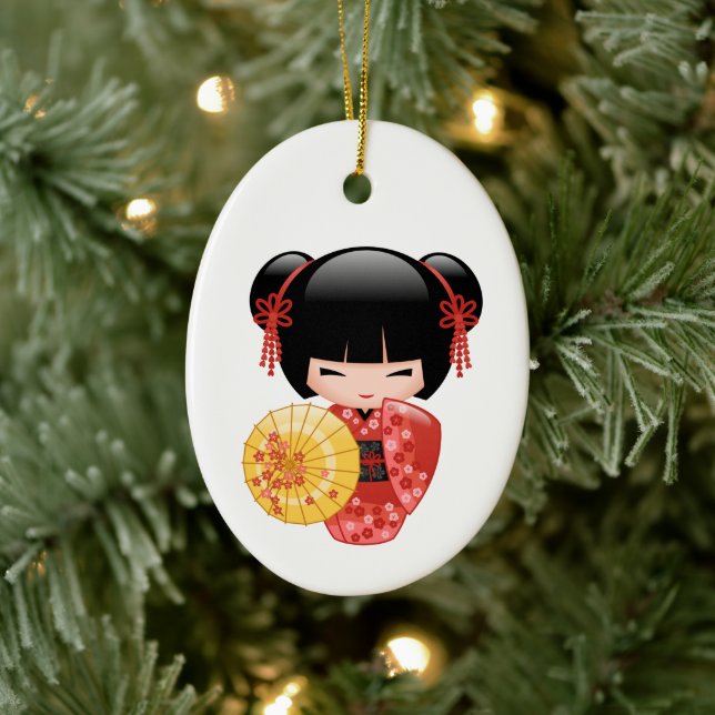 Red Sakura Kokeshi Doll - Cute Geisha on White Ceramic Ornament (Tree)