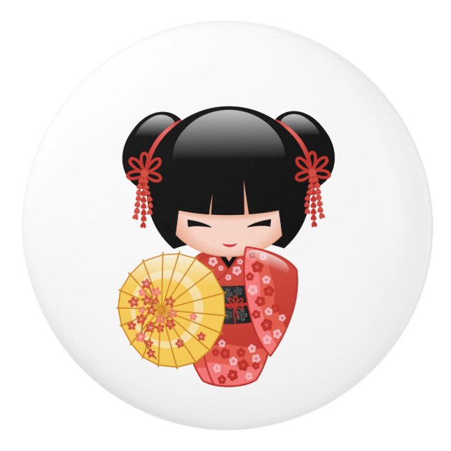 Red Sakura Kokeshi Doll - Cute Japanese Geisha Ceramic Knob (Front)