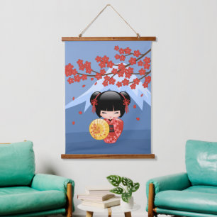 Red Sakura Kokeshi Doll - Cute Japanese Geisha Hanging Tapestry