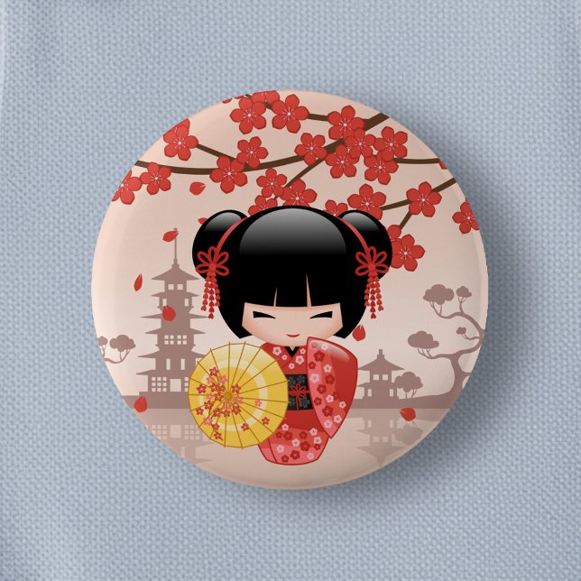Red Sakura Kokeshi Doll - Japanese Geisha 6 Cm Round Badge (Creator Uploaded)
