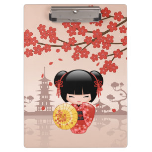 Red Sakura Kokeshi Doll Japanese Geisha Beige Clipboard