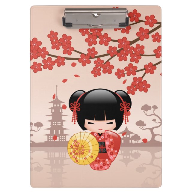 Red Sakura Kokeshi Doll Japanese Geisha Beige Clipboard (Front)