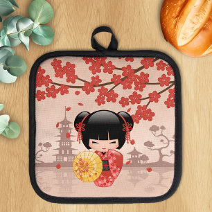 Red Sakura Kokeshi Doll Japanese Geisha Beige Pot Holder