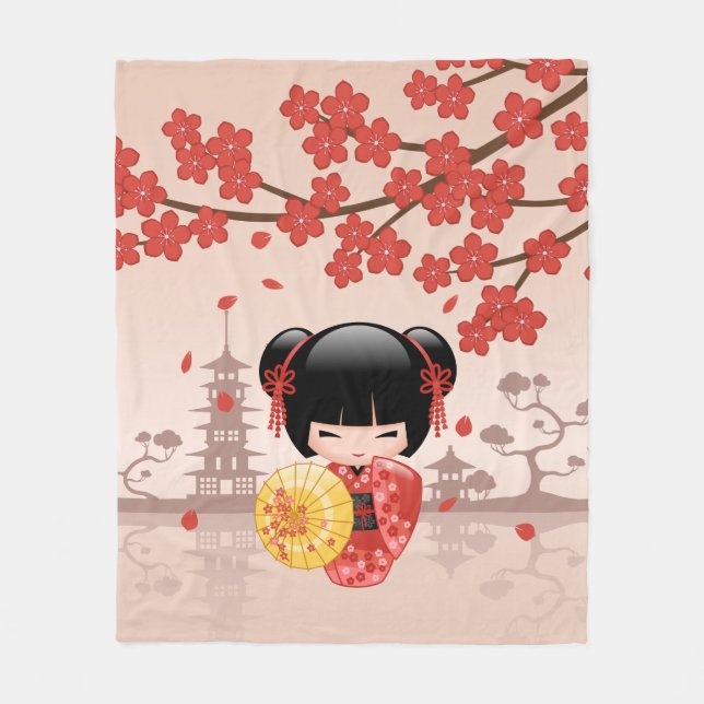 Red Sakura Kokeshi Doll - Japanese Geisha Fleece Blanket (Front)