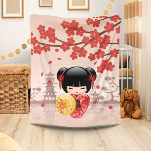 Red Sakura Kokeshi Doll - Japanese Geisha Fleece Blanket