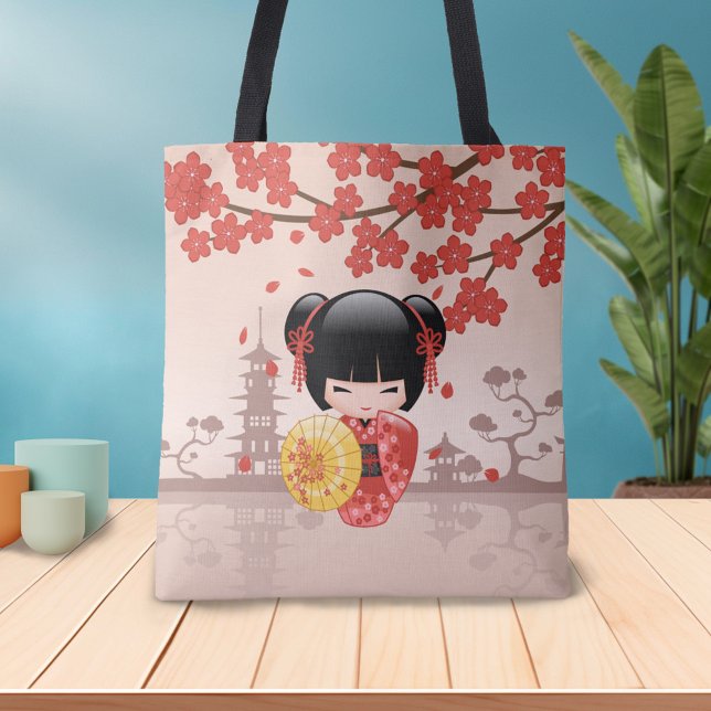 Red Sakura Kokeshi Doll - Japanese Geisha Girl Tote Bag (Creator Uploaded)