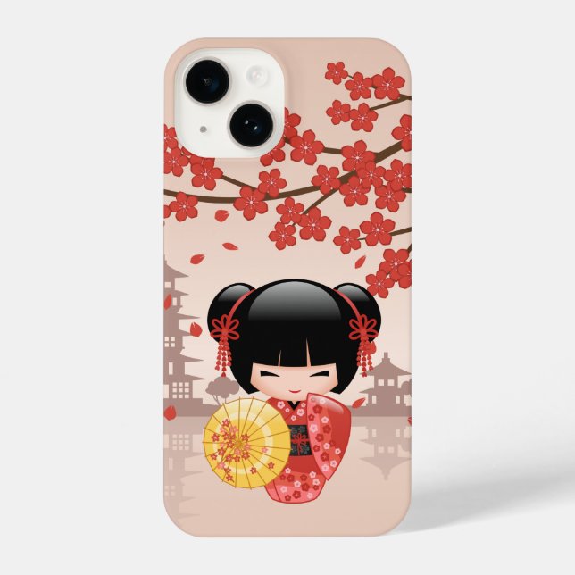 Red Sakura Kokeshi Doll - Japanese Geisha iPhone Case (Back)