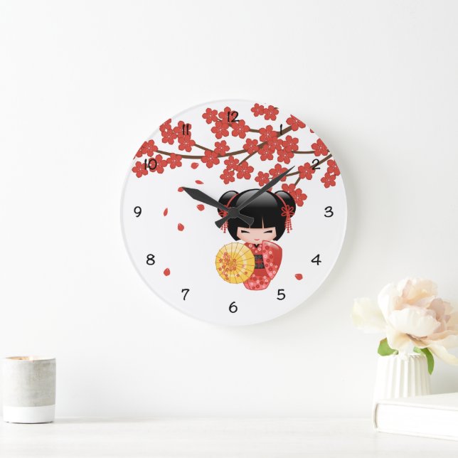 Red Sakura Kokeshi Doll - Japanese Geisha Large Clock (Home)