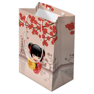 Red Sakura Kokeshi Doll - Japanese Geisha Medium Gift Bag
