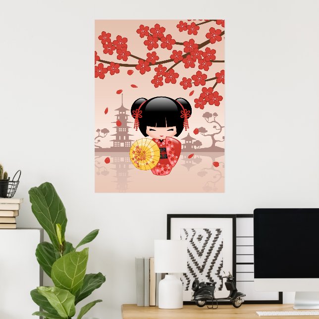 Red Sakura Kokeshi Doll - Japanese Geisha Poster (Home Office)