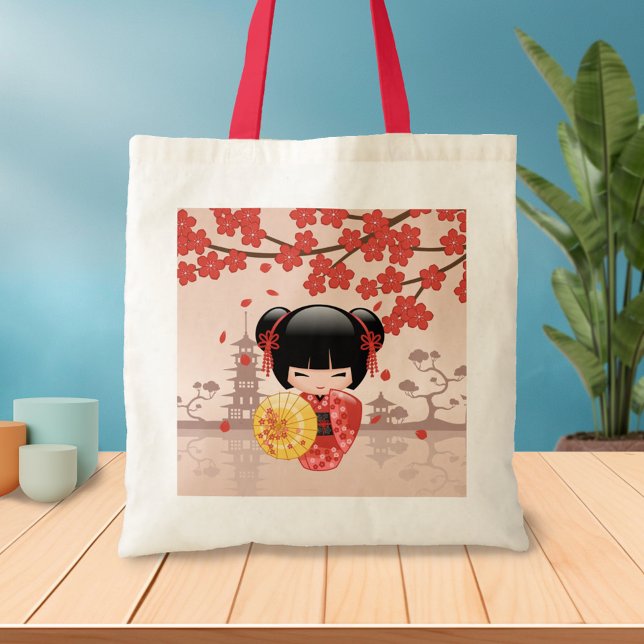 Red Sakura Kokeshi Doll - Japanese Geisha Tote Bag (Creator Uploaded)